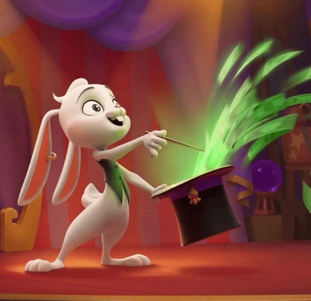 A cheerful cartoon rabbit magician stands on a red stage, wearing a black top hat and performing a magic trick. Bright green glowing sparks swirl out of the hat as the rabbit smiles confidently, creating a playful and enchanting casino-themed atmosphere.
