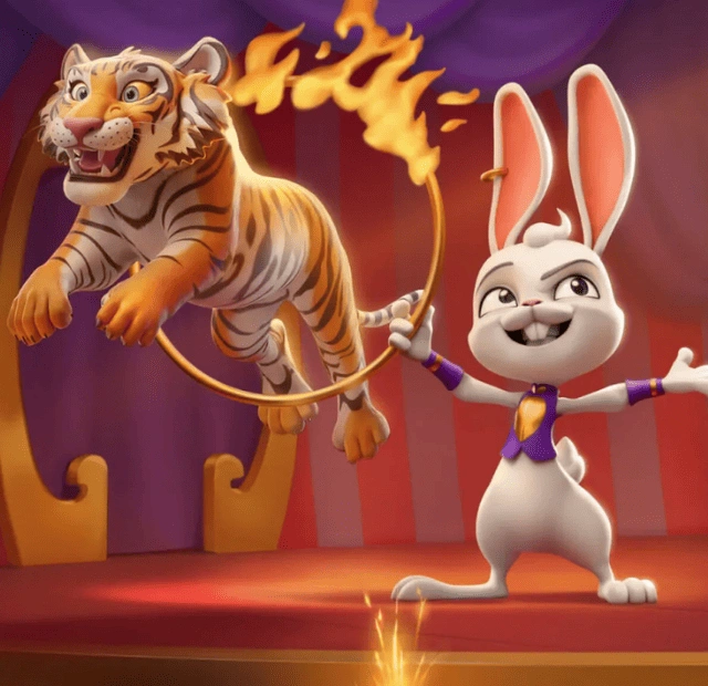 Magius Casino welcome offer section showing a rabbit performing with a flaming hoop and tiger, representing the signup bonus, matched deposit, and free spins promotion for new players